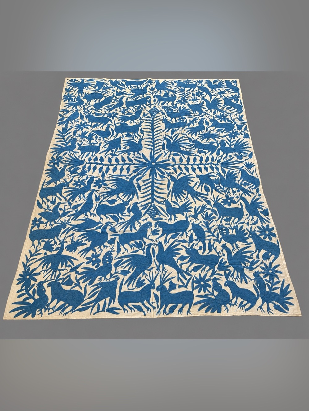 Otomi Tapestry Hand Sewn Blue on White Flora & Fauna Cotton LARGE 6’x8’
